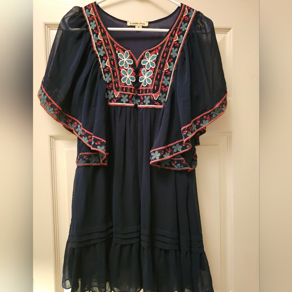 Double Zero Dark Blue Dress with Floral Accents